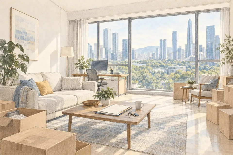 Pencil-and-wash illustration of a light Shenzhen apartment with a few unpacked boxes, keys and papers on the table and a desk by the window.