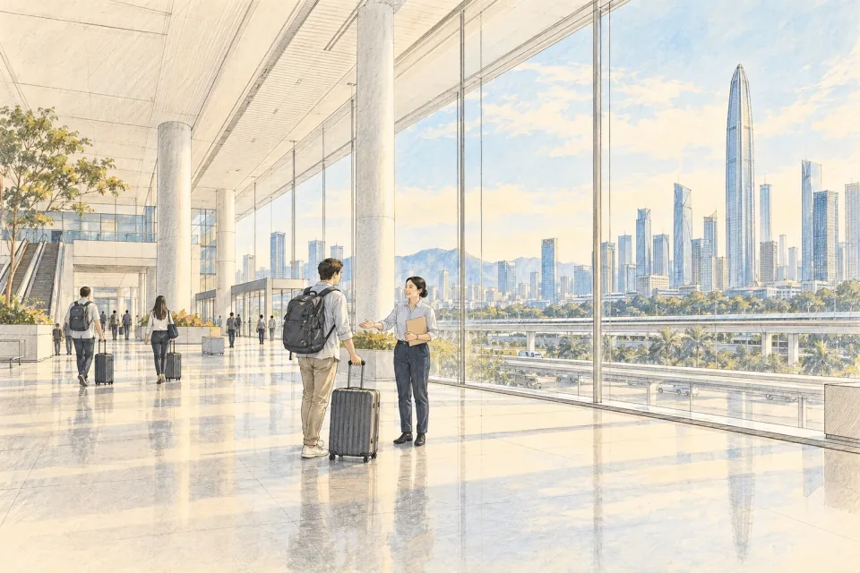 Pencil-and-wash illustration of a traveller with a suitcase being met in a bright arrivals hall overlooking the Shenzhen skyline.