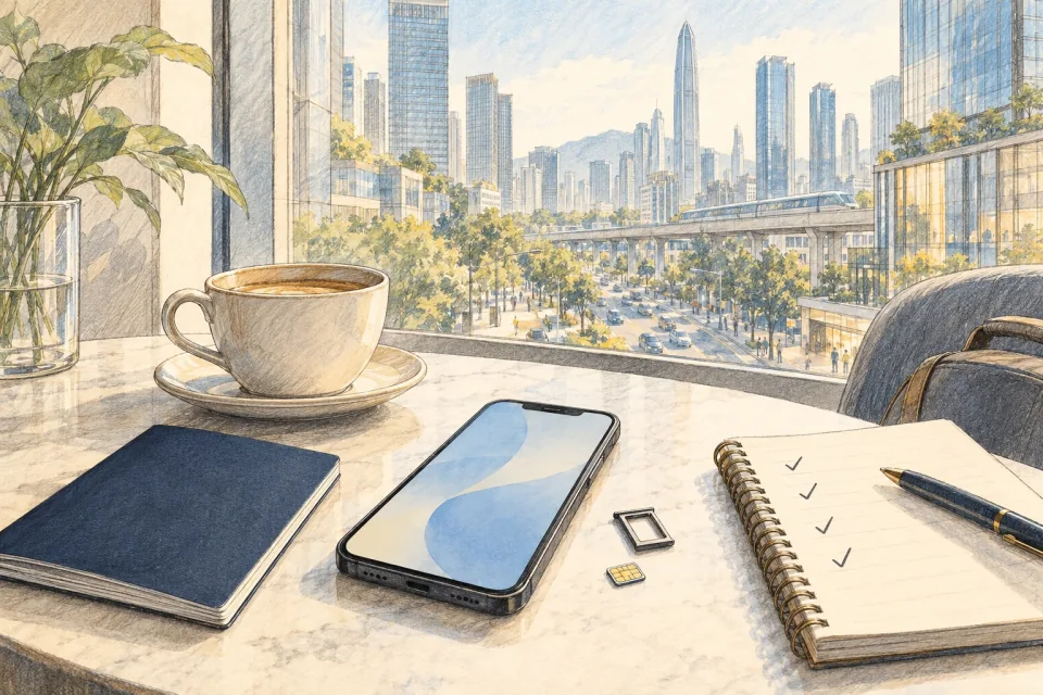 Pencil-and-wash illustration of a smartphone, SIM card, closed passport and coffee on a desk by a window onto a Shenzhen street.