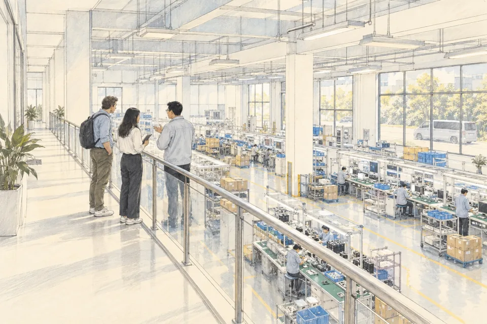 Pencil-and-wash illustration of a visitor, an interpreter and a host talking on a walkway above a bright electronics assembly hall.