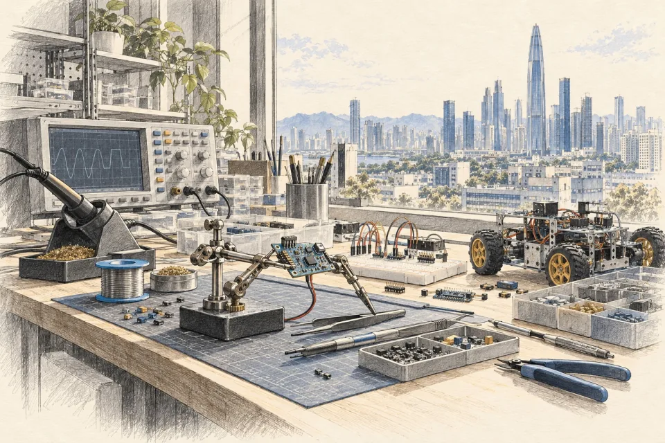 Pencil-and-wash illustration of an electronics workbench with an oscilloscope, a circuit board in a helping-hands clamp and a small robot chassis, the Shenzhen skyline beyond.