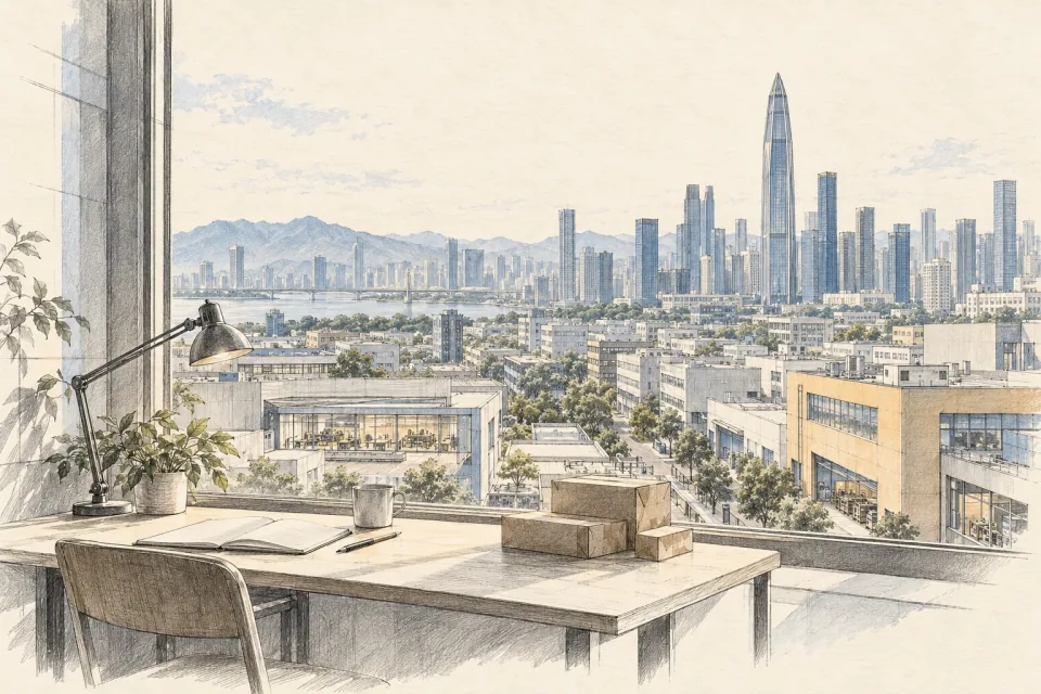 Pencil illustration of Shenzhen seen from a quiet workspace with a notebook and delivery boxes on the desk.