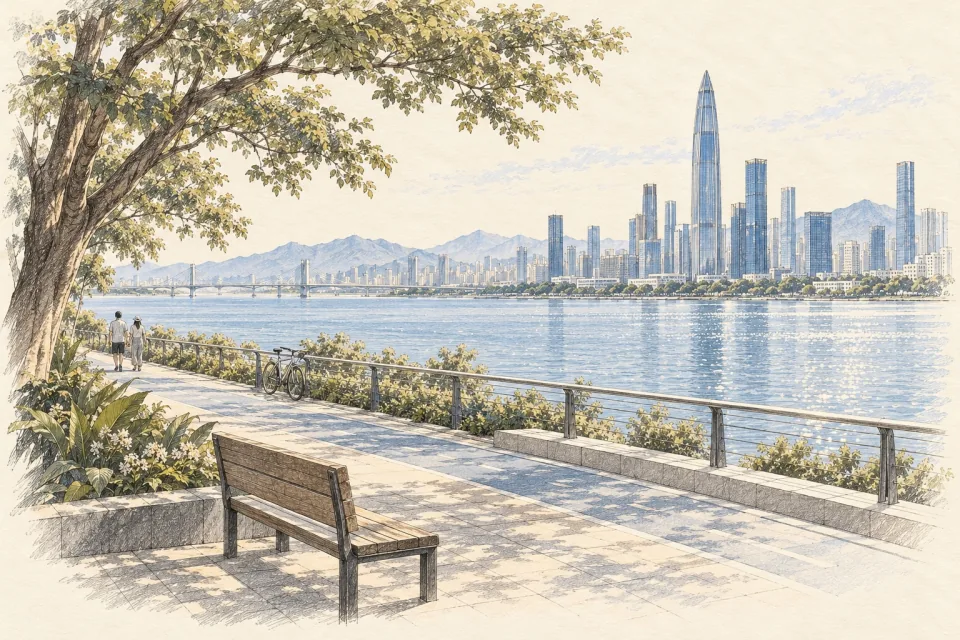 Pencil-and-watercolour illustration of the Shenzhen Bay waterfront, with a bench under a tree and the skyline across the water.