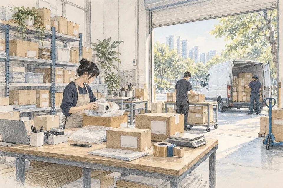 Pencil-and-wash illustration of a small prototype being wrapped among neatly packed parcels, with a courier van loading outside an open roller door.